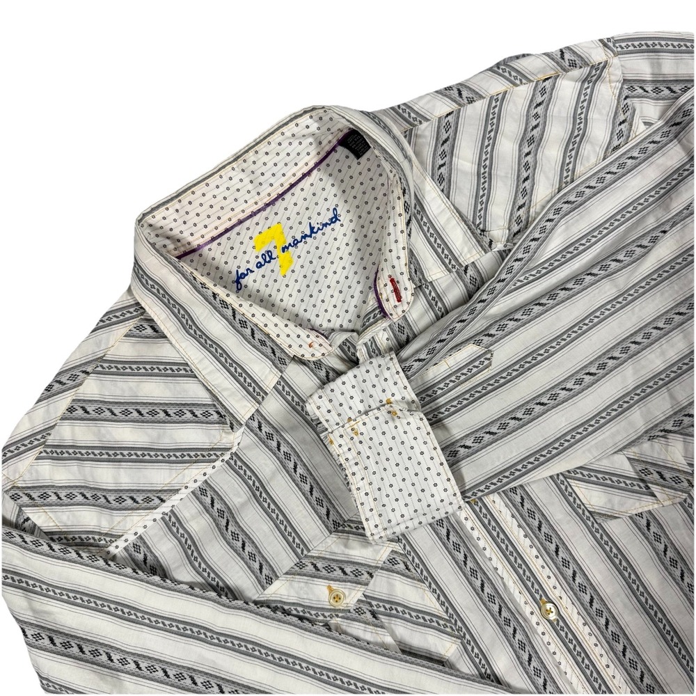 Mens 7 For All Mankind Long Sleeve Stripe Flip cuff  Size 2XL embroided‎ white